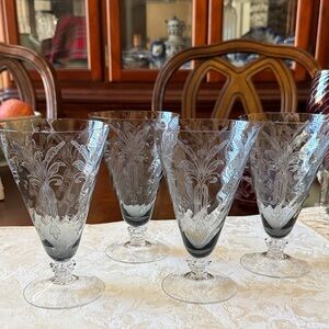 Fostoria Iris swirl optic smock gray crystal lot of 4 ice tea footed glasses VTG